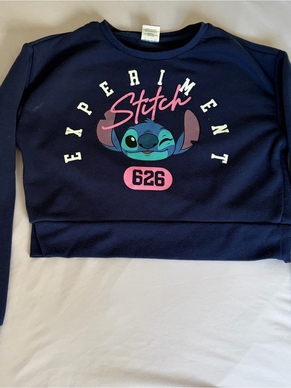 Disney Navy Blue Stitch Crewneck Sweatshirt with Pink Script